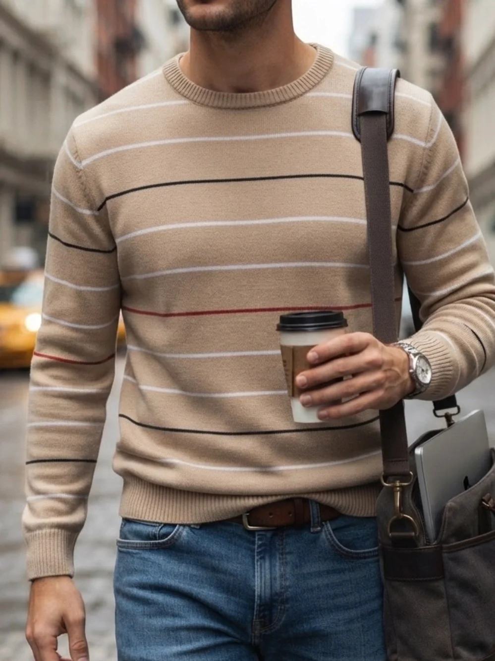 Haggar Men Striped Crewneck Sweater XL Tan Beige Multi Stripe Pullover Preppy